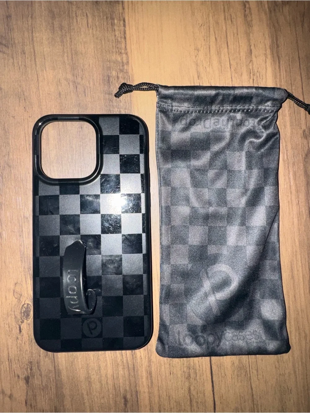 iPhone 15 pro max Loopy Case Black Checkered Grip Phone Case with Loop and Pouch